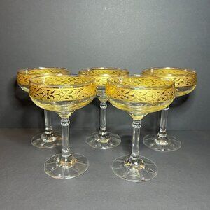 VTG Set of 5 Cristalleria Fratelli Fumo Crystal 24k Gold Rim Champagne Glasses